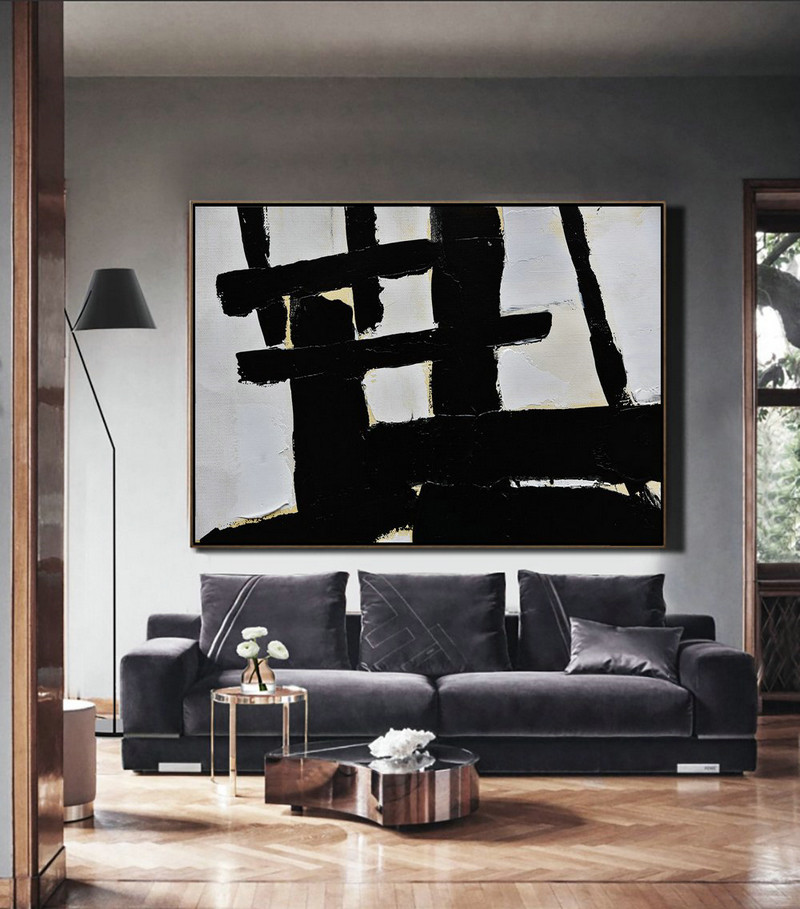 Huge Abstract Canvas Art,Horizontal Palette Knife Minimal Canvas Art Painting Black White Beige - Modern Art Abstract Painting